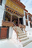 Ladakh - Likir Gompa, the main monastery halls with the characteristc red painted windows and woden balconies on white washed faades